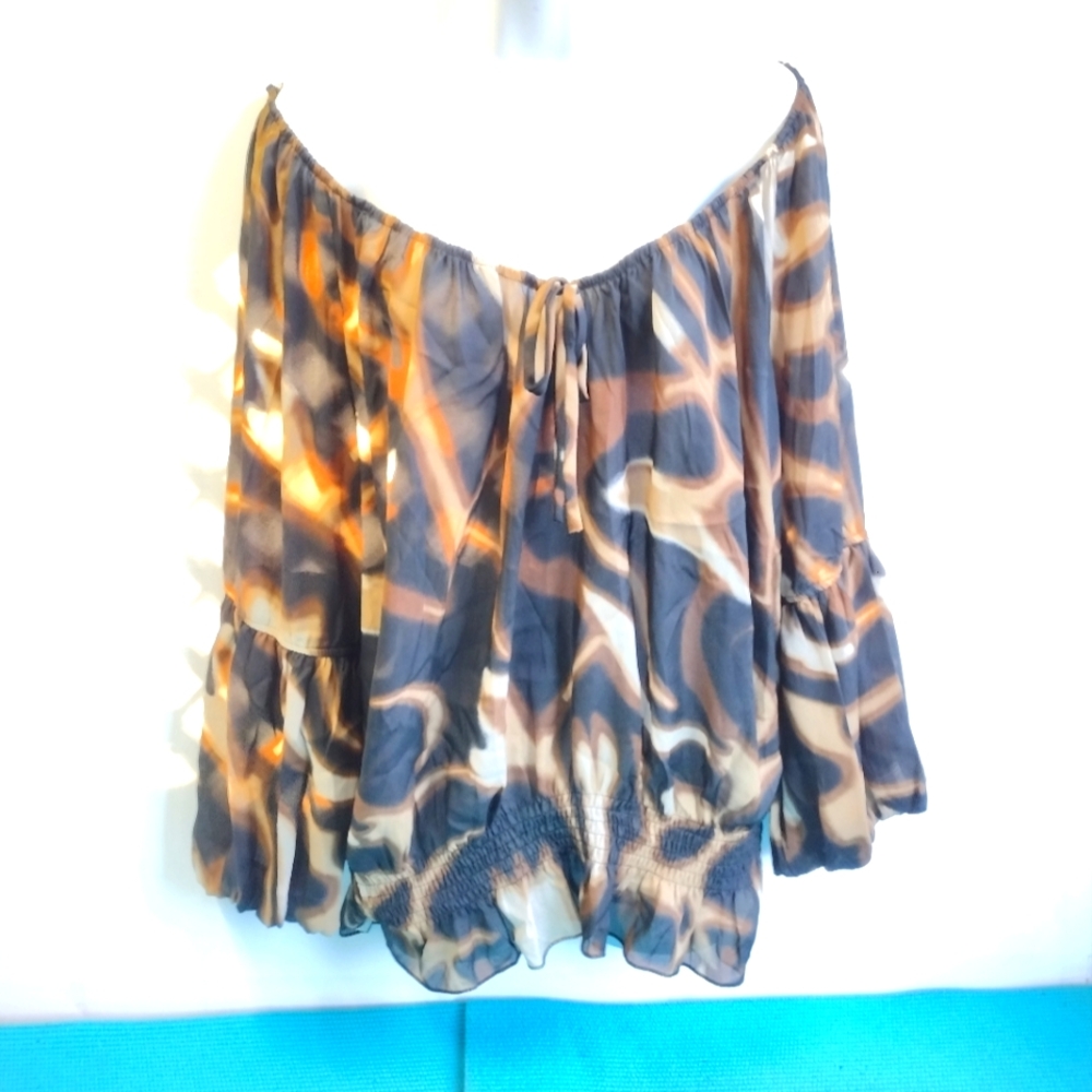 Dressbarn Women's Leopard Animal Print Balloon Bell Sleeve Smocked Waist Size XL